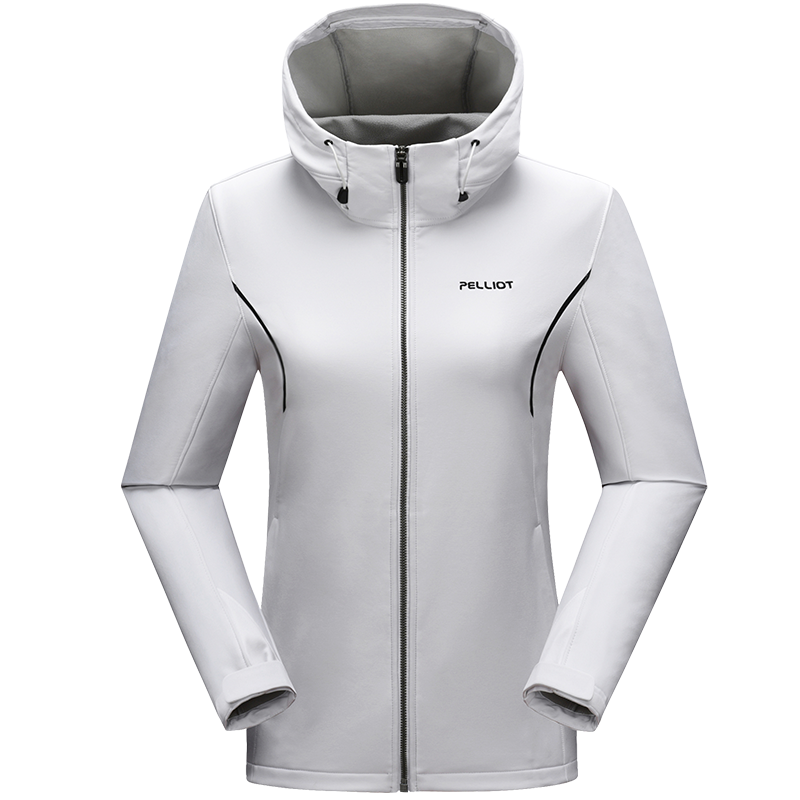 伯希和（Pelliot）软壳衣男女加绒保暖外套秋冬户外透气防风防泼水抓绒休闲连帽夹克 女极地白 M