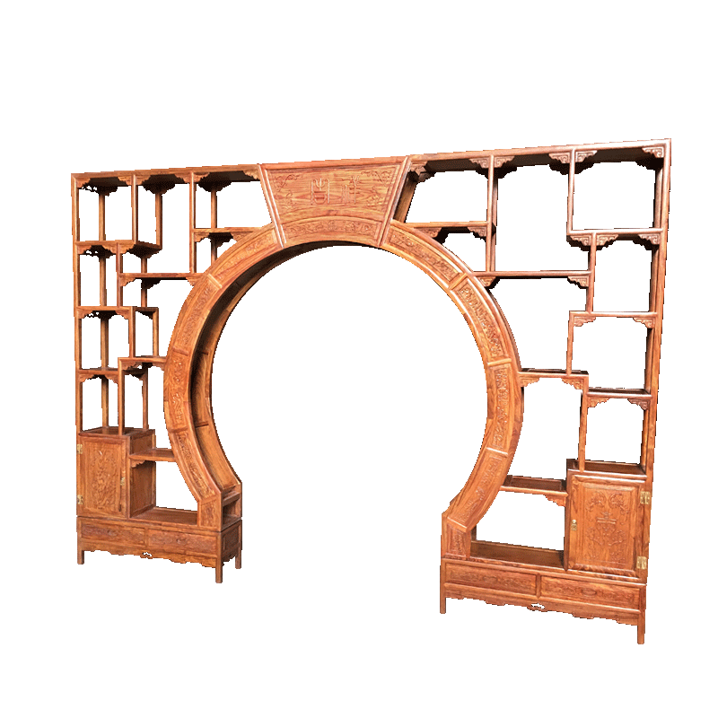 皇印红木家具非洲花梨(学名:刺猬紫檀)月洞博古架双圆门实木多宝阁古董架置物架豪华书架书柜2359