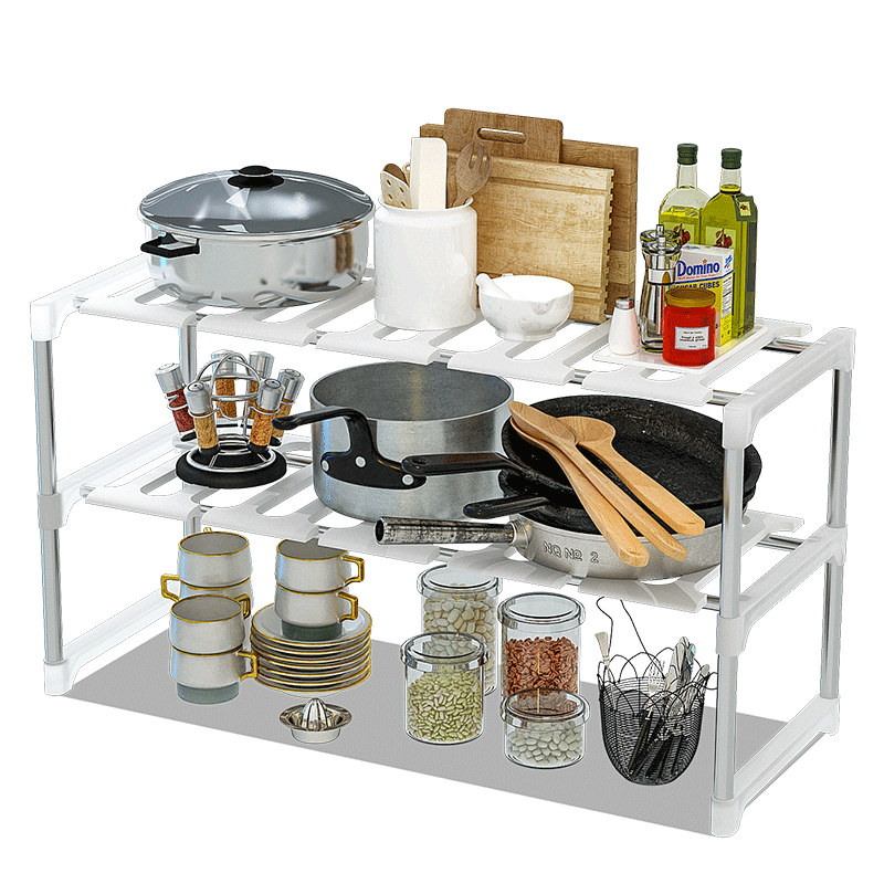 蜗家 厨房水槽置物架多功能收纳架可伸缩双层台下收纳架层架 白色z652