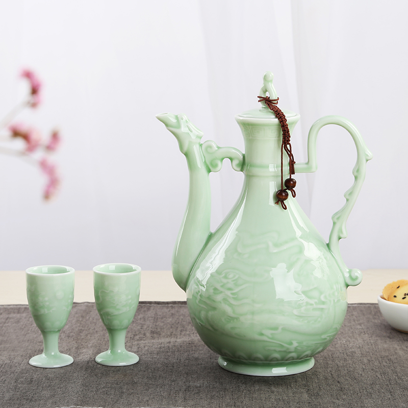 青瓷陶瓷酒器具陶瓷分酒器传统龙纹宫廷风古代酒壶 青瓷双龙戏珠单壶