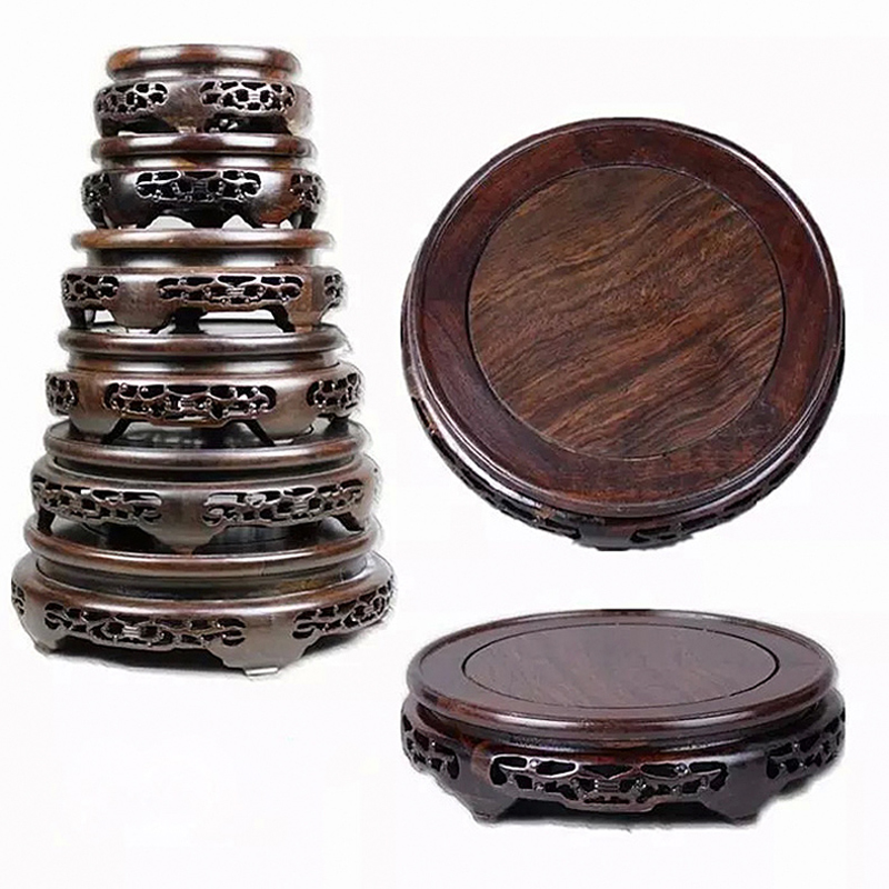 花瓶托底座木制花盆底座 酸枝木镂空雕花 圆形根雕手工 花瓶花插底座