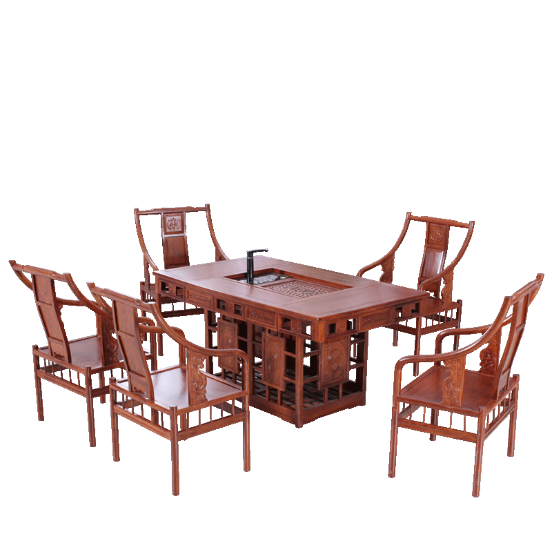 木中央 红木家具 非洲花梨 学名:刺猬紫檀茶桌椅组合 全实木茶几桌中式茶台 功夫茶桌 经典款 茶桌一桌五椅