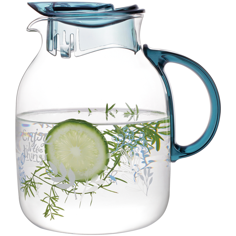 紫丁香 凉水壶 玻璃杯带把家用冷水壶玻璃耐热杯子花茶果汁壶凉白开泡茶壶茶具大容量 1.5L（蓝绿随机）8362878