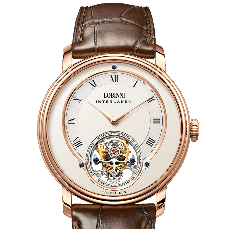 羅賓尼（LOBINNI）【品牌旗艦】陀飛輪手表男士機(jī)械表防水鏤空皮帶男表商務(wù)簡(jiǎn)約腕表 【分期免息】紅金白面棕皮