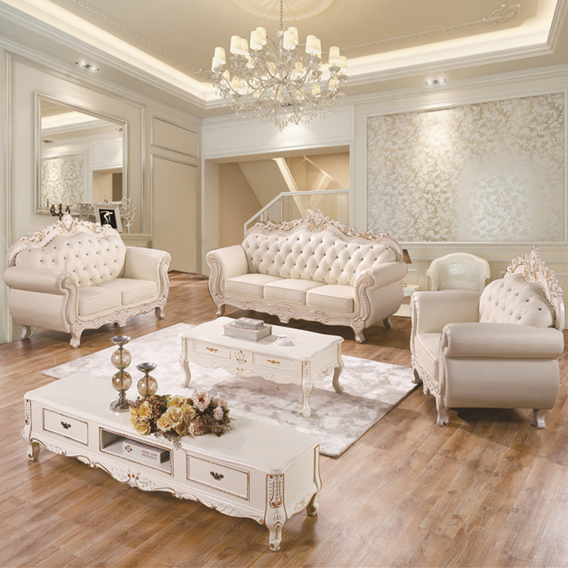 皮艺沙发 法式奢华沙发欧式沙发组合 实木雕花欧式 米白色 1加3加贵