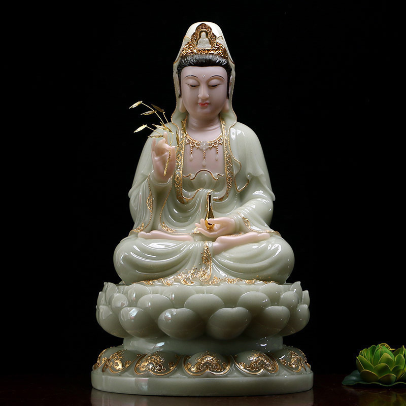 观音菩萨佛像摆件汉白玉雕镶金娑婆西方三圣居家用品 12寸圆满观音(翠