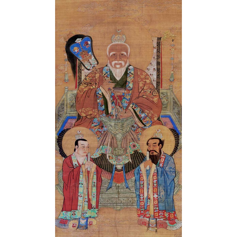 道教三清画像丝绸挂画道场灵宝元始道德天尊三清祖师太上老君神像