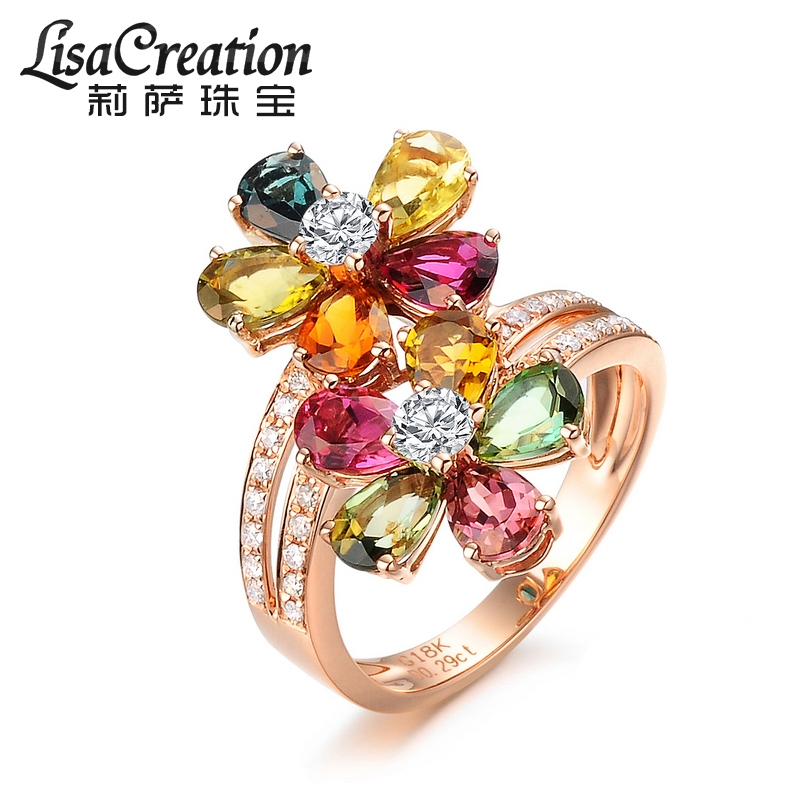 lescreation莉萨珠宝彩色碧玺镶嵌钻石戒指18k玫瑰金彩宝女戒 18k金