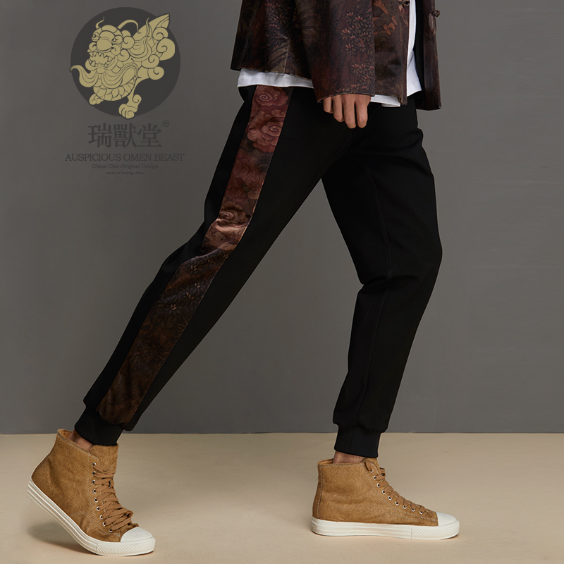 recluse 弹指 中国风印花拼接设计九分休闲裤男款设计师潮牌男装 黑色