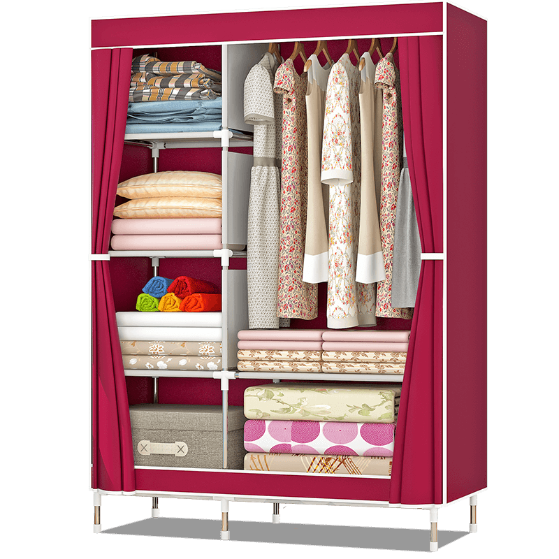 蜗家 简易衣柜布衣柜钢管加粗加厚简易衣柜防尘组装折叠组合布衣橱宿舍寝室卧室布艺储衣柜 酒红色【长90宽43高166】