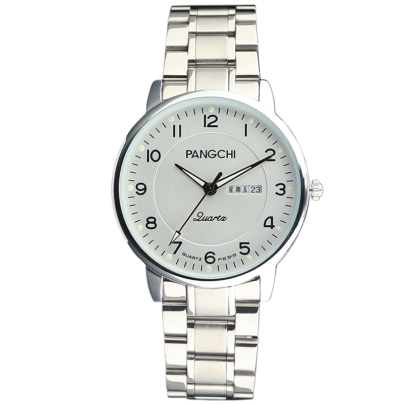 鹏志(pangchi) 进口机芯大数字男表双日历中老年人手表实心精钢带夜光