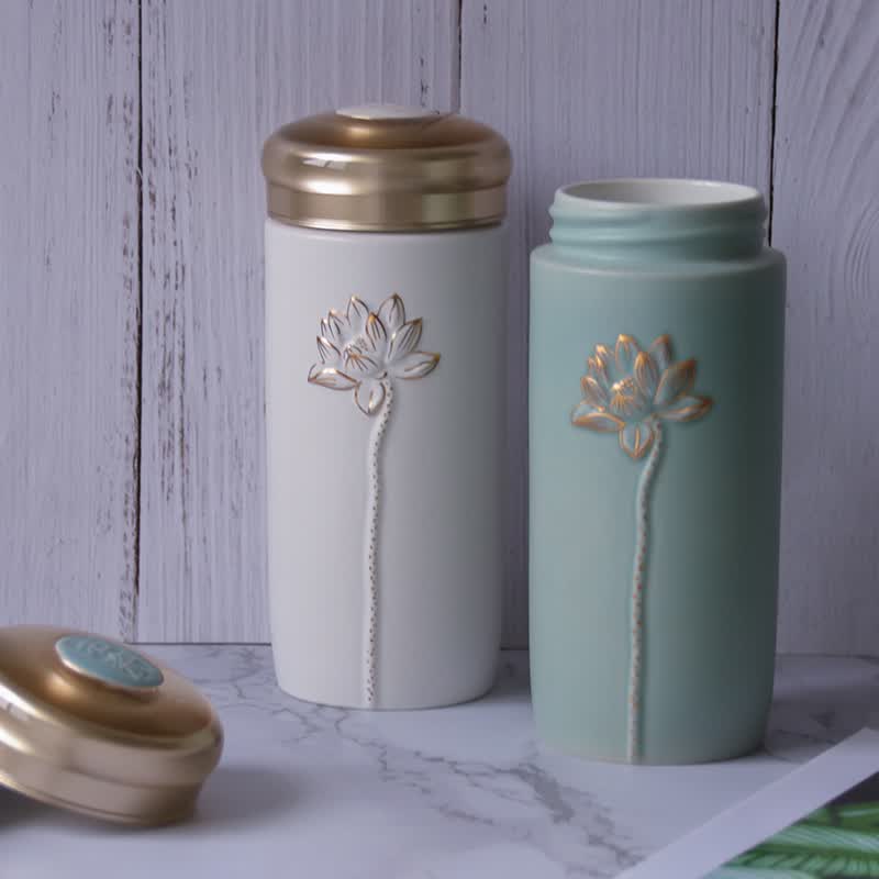 乾唐轩【官方授权】活瓷杯 清心福莲随身杯双层陶瓷荷花水杯送女士正品 刻字专用 备注颜色