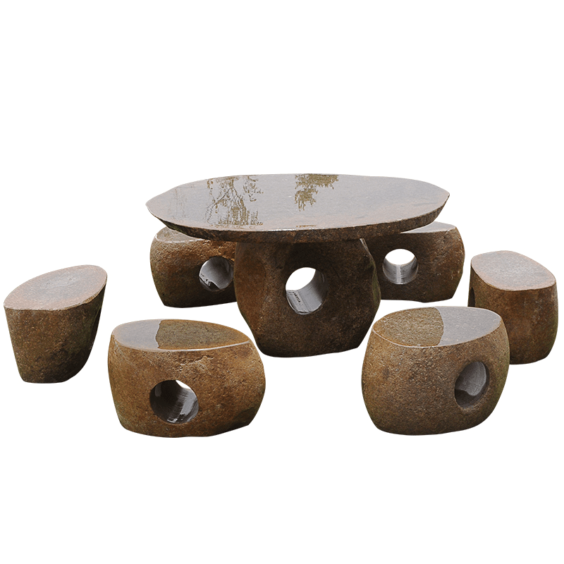 欧芳庭 户外露台石头桌椅 户外 鹅卵石石头桌椅凳子 庭院桌椅石头 凉亭庭院大理石石桌石凳 花园石桌 【鹅卵溪石】一桌四凳