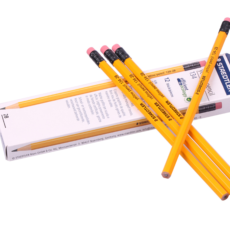 德国施德楼(staedtler)铅笔六角黄杆考试专用笔带橡皮头12支134-2b