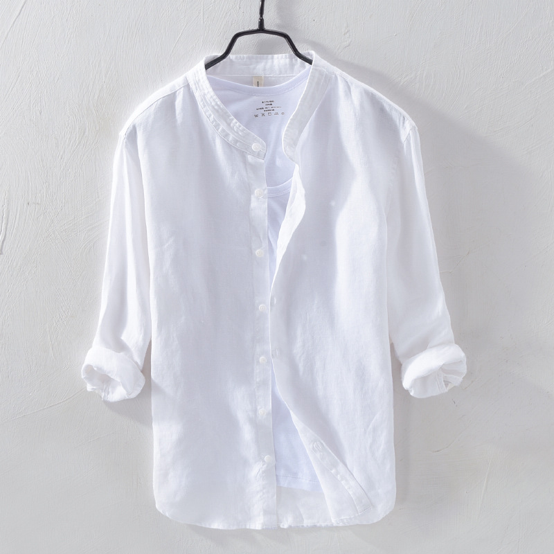 Lisse亚麻衬衫七分袖男士立领春天白色纯麻布料上衣凉薄透爽吸汗衬衣 白色 XL