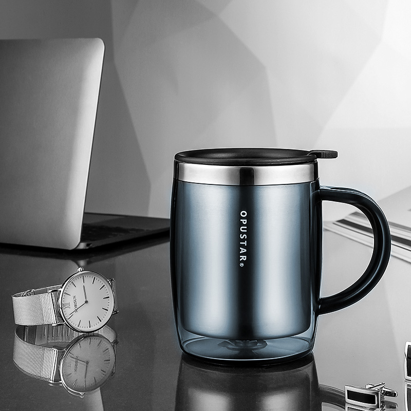 OPUSTAR 简约办公杯男女士大容量不锈钢保温马克杯 桌面商务咖啡杯水杯子 420ml蓝色