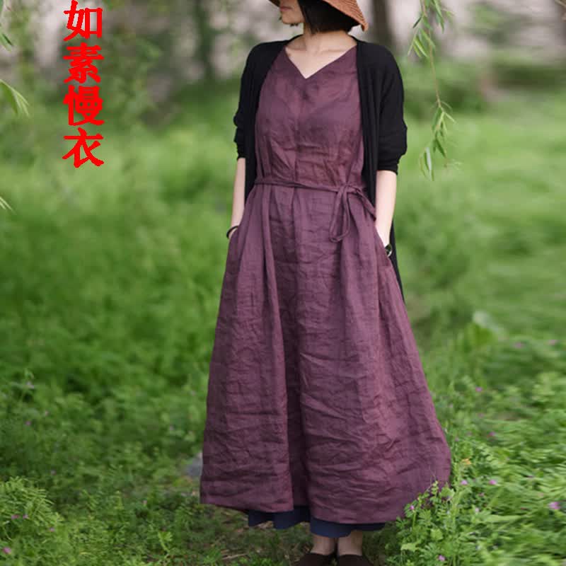 如素慢衣女装麻质文艺休闲复古民族风长款九分袖袖连衣裙女13042 紫咖