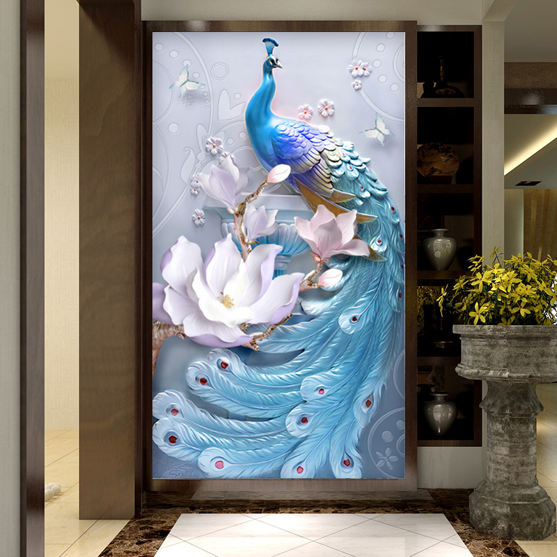梵帝欧 入户玄关走廊过道背景墙壁画欧式客厅装饰墙画现代简约孔雀