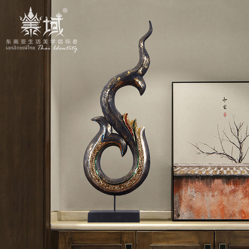 泰域 黑金聚财龙凤角 东南亚凤头装饰摆件 金箔家居客厅装饰品