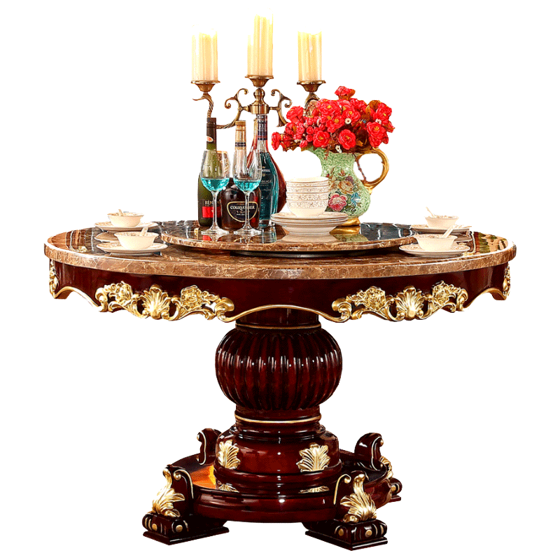 梦美斯宣  大理石餐桌 欧式实木圆桌 古典实木饭桌子 雕花描金餐桌椅组合 555 1.3m餐桌