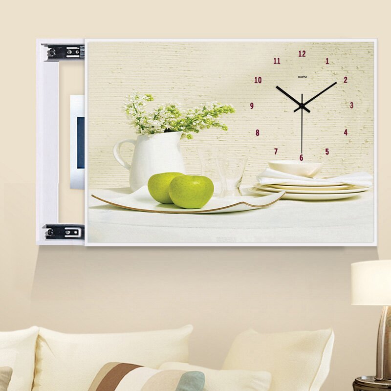 电表箱装饰画带时钟表可推拉配电箱遮挡画简约墙面壁画挂画 青苹白瓷 60*40(可挡50*30)