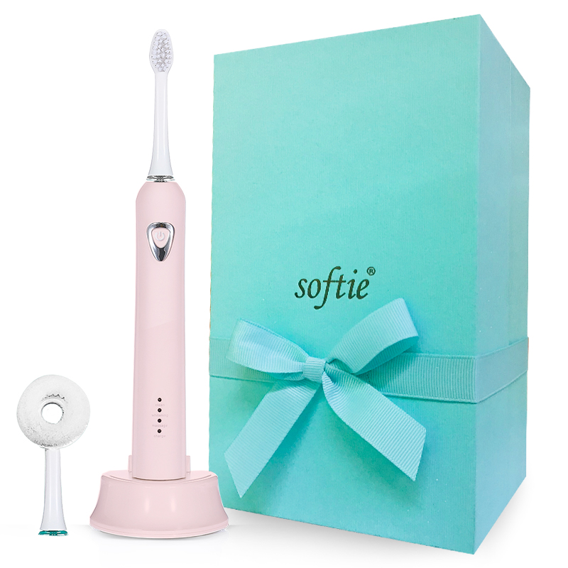 softie超细软毛电动牙刷洁面仪二合一 声波电动牙刷美白牙刷充电式洁面仪 一个牙刷头和一个洁面刷 粉色