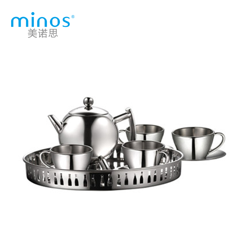 美诺思（minos） 304不锈钢茶具套装 金属茶壶茶杯连碟带茶盘样板间装饰摆件 不锈钢色 900ml