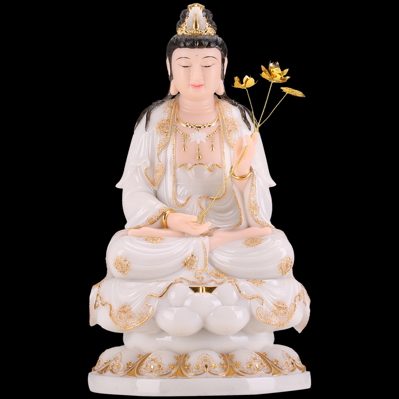 吉 汉白玉镶金西方三圣阿弥陀佛如来佛像大势至观世音菩萨供奉摆件