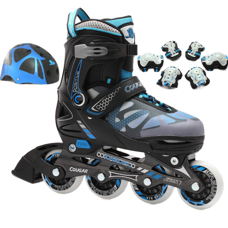 美洲狮（COUGAR）溜冰鞋儿童套装滑轮鞋滑冰鞋旱冰鞋可调码轮滑鞋 MZS733 黑蓝/不闪 S(约2-6岁)