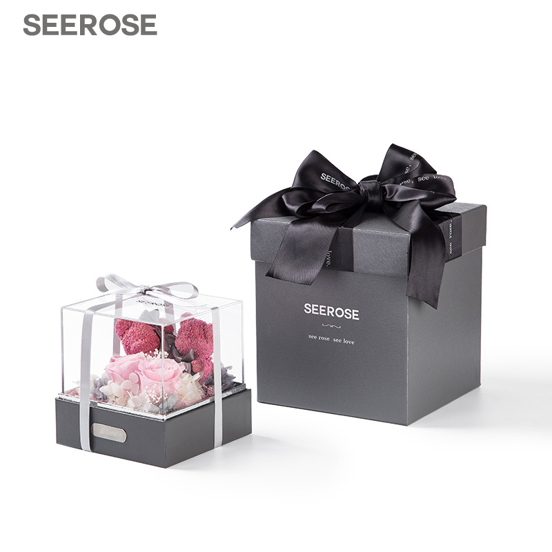 西罗斯(seerose)进口永生花苔藓粉玫瑰小熊摆件情人节送闺蜜新人新婚