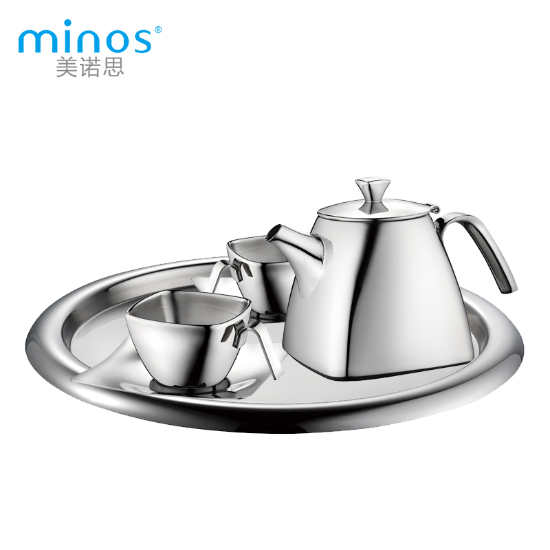 美诺思（minos） 304不锈钢茶具套装 金属茶壶茶杯带茶盘样板间装饰摆件 浅灰色 600ml