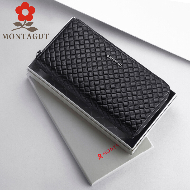 梦特娇/MONTAGUT男士手包真皮时尚休闲编织纹手拿包长款青年手抓包钱包 黑色