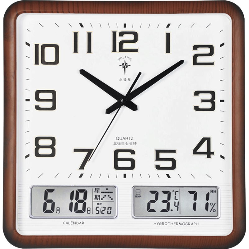 北极星（POLARIS）挂钟客厅石英钟万年历钟表简约挂表创意日历14英寸办公室时钟6825木纹普通款