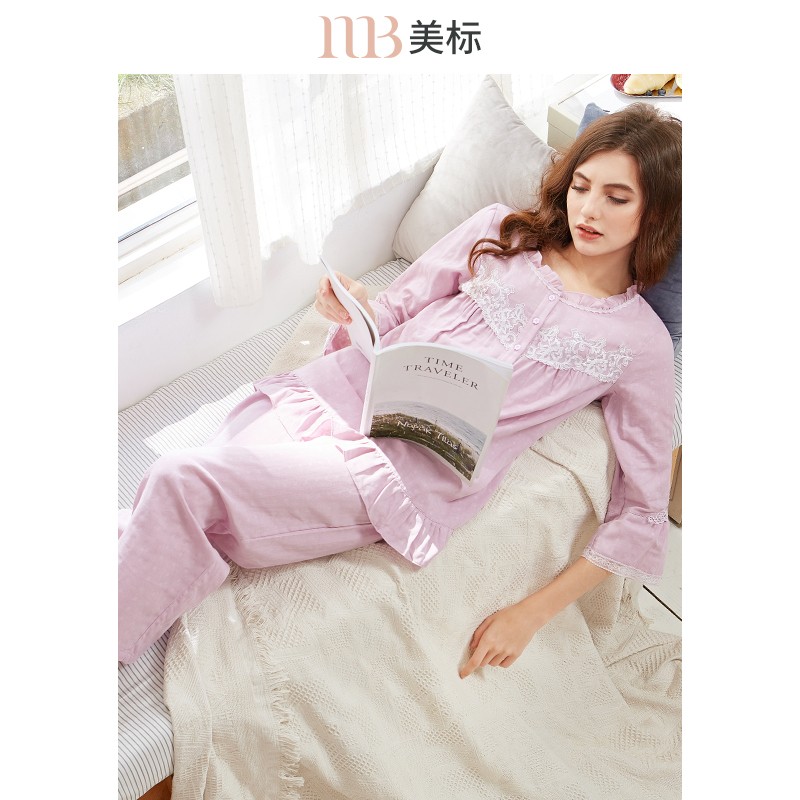 美标睡衣女士春秋新品九分袖棉质家居服甜美可外穿套装100077 灰紫 m