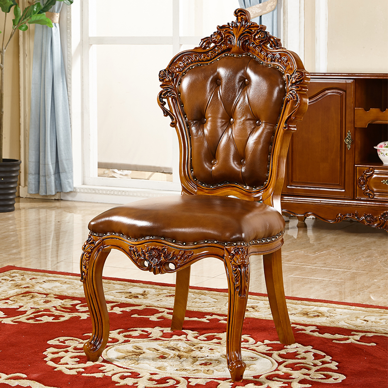 皇家路易斯 欧式真皮餐椅大户型餐厅美式全实木雕花书椅餐厅书房休闲