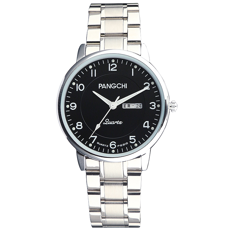 鹏志(pangchi) 进口机芯大数字男表双日历中老年人手表实心精钢带夜光