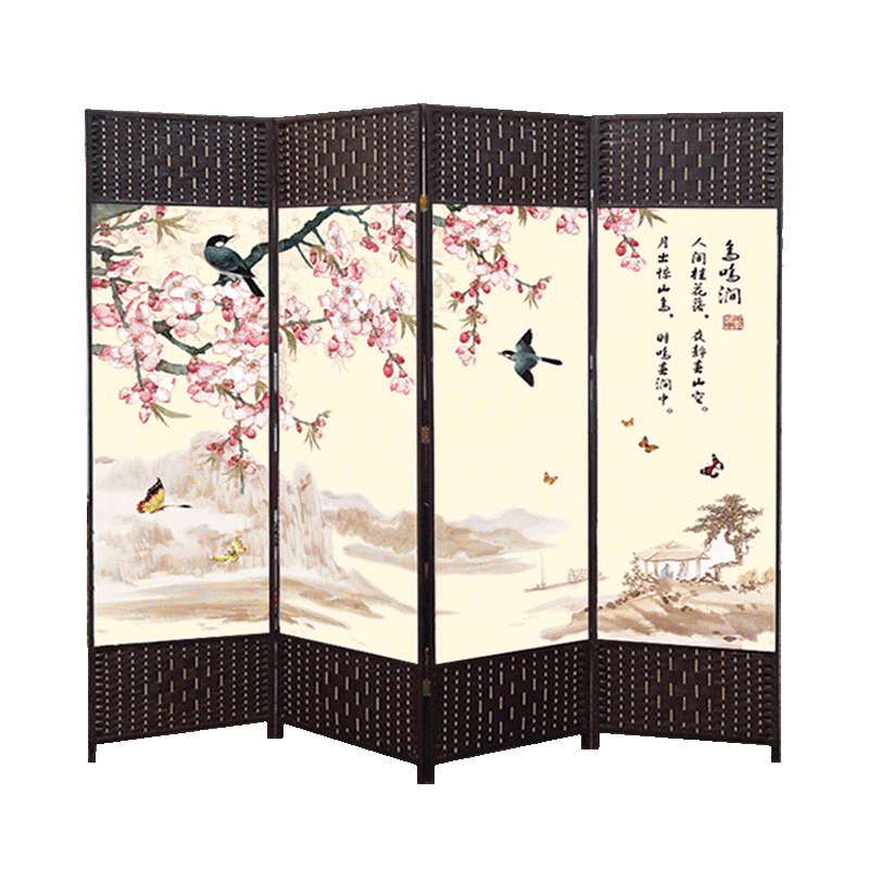 祥朗屏风实木布艺屏风隔断折屏座屏玄关移动现代简约中式田园客厅卧室书房酒店宾馆艾灸养生理疗屏风帘玄关墙 鸟鸣涧 2米高X0.5米宽双面图案一扇价格
