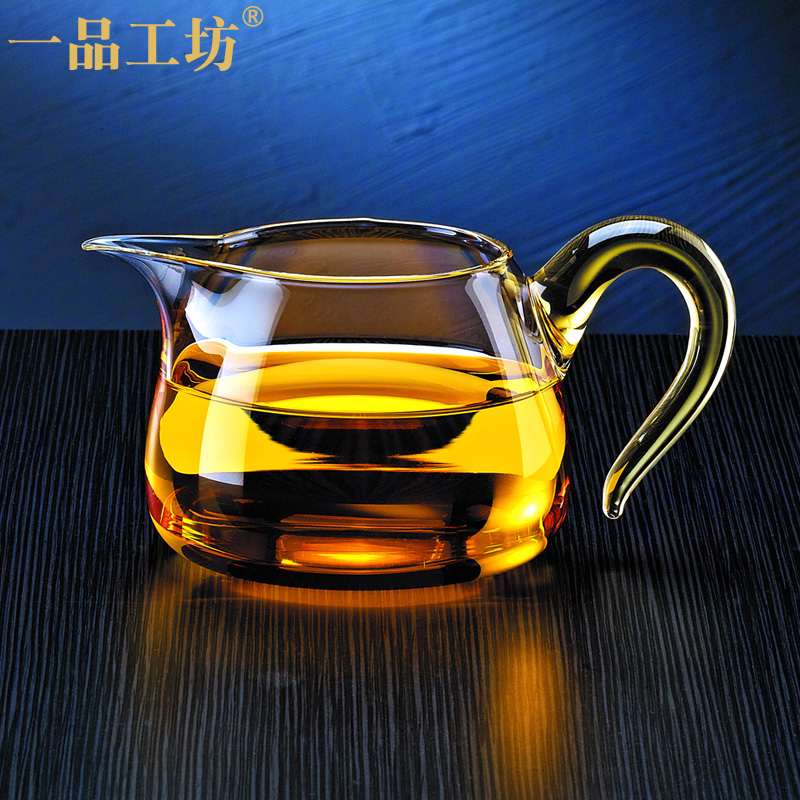 一品工坊台湾公道杯高硼硅玻璃公杯纯手工加厚大号分茶器茶海茶道茶具配件 黄把350ML