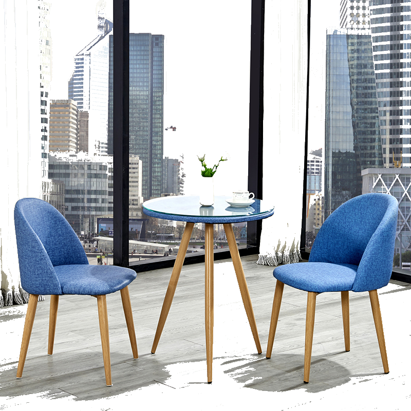 美思来登接待桌椅组合休闲咖啡桌椅组合套装圆形洽谈桌椅三件套西餐厅餐桌 蓝色布纹皮革(一桌二椅)