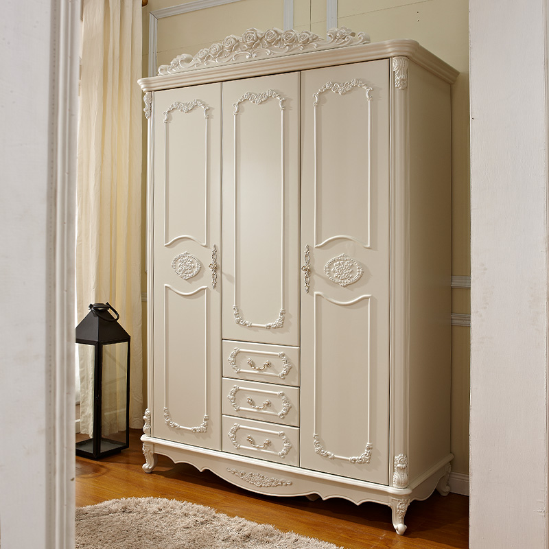 欧式衣柜 环保卧室成套家具组装实木白色柜三门3门衣橱配套 图片色