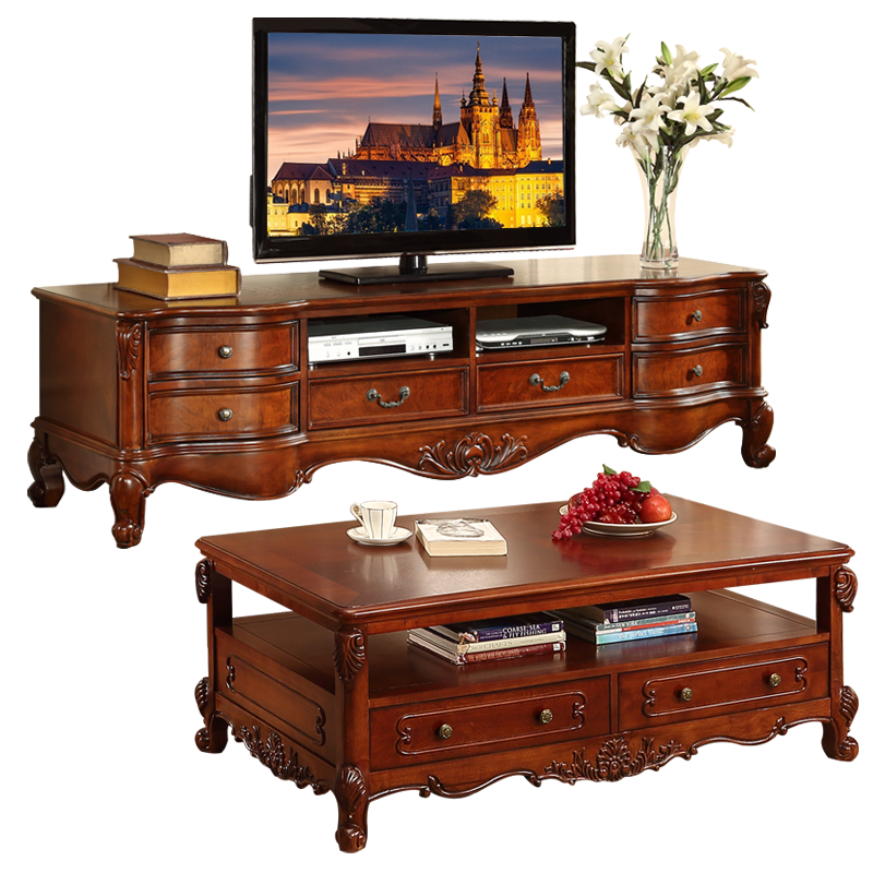 艾理思家具 电视柜茶几组合套装 欧式实木电视柜 美式茶几 茶几1.35米+801电视柜2米