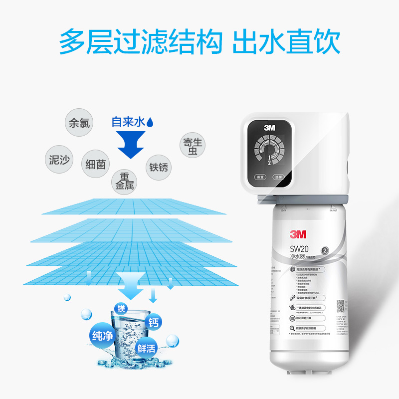 3M厨下式 净水器家用 0废水 直饮智能 矿物质2.2升的大流量净水机 净饮机 sw29升级为sw20不含阻垢剂 SW20（升级不含阻垢剂）