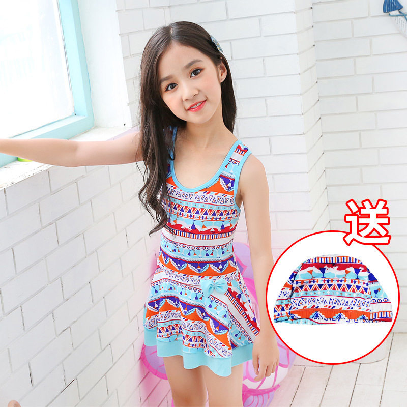 儿童泳衣 女童 连体 裙式 大童 中小童 11岁9岁 舒适 泳装游泳装 蓝色