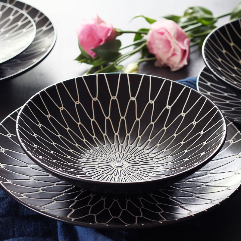 丝贝美瓷 创意黑色欧美磨砂陶瓷个性餐盘家用菜盘西餐牛排盘子 网纹