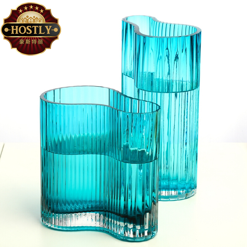 豪斯特丽（HOSTLY） 玻璃花瓶欧式小清新花瓶摆件客厅插花家居创意摆设 蓝色大小号一对