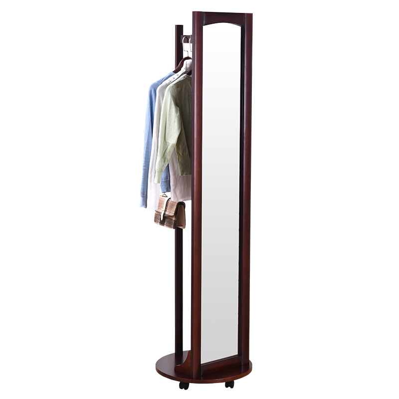 歪脖树 实木穿衣镜简约旋转试衣镜置地全身镜试鞋镜北欧衣帽镜置物架子 棕色 圆底款