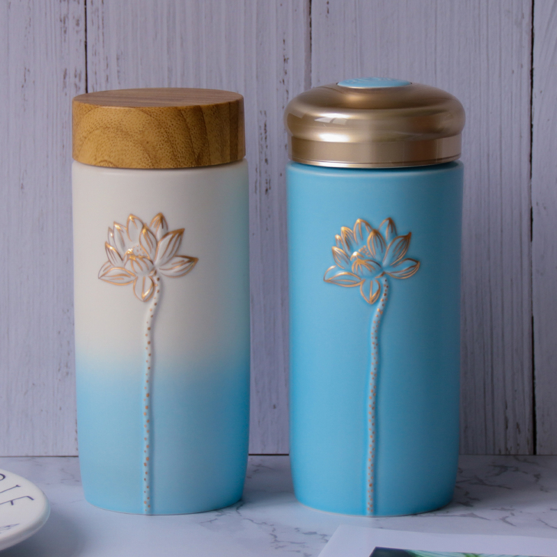 乾唐轩【官方授权】活瓷杯 清心福莲随身杯双层陶瓷荷花水杯送女士正品 刻字专用 备注颜色