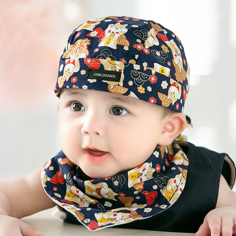 宝宝海盗帽子儿童帽子春秋3-6-12个月1-2岁男女婴儿帽子春秋季儿童头巾帽套装m1 黑色（帽子+三角巾） 均码46-48cm左右