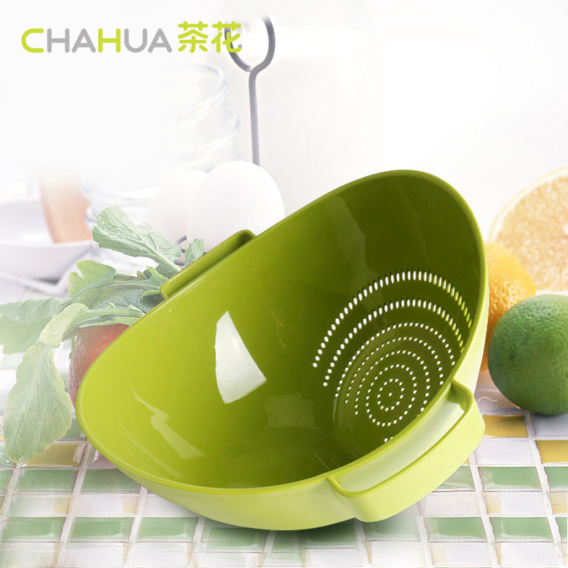 茶花双立筛厨房洗菜篮塑料沥水篮加厚洗水果盆 绿色