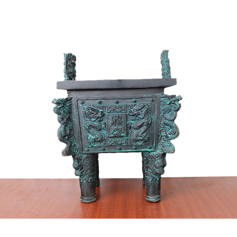 真全铜器纯铜鼎黄铜鼎四方鼎青铜色龙纹四足方鼎盛工艺品摆件 青铜色
